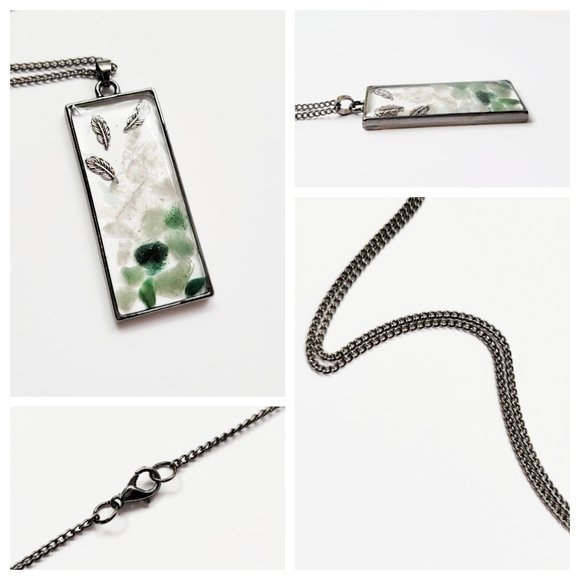 Jade and Fluorite Necklace Healing Crystals and Feathers Geometric Resin Pendant - Picture 6 of 11